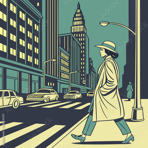 Person in a busy city street at night walking confidently against skyline