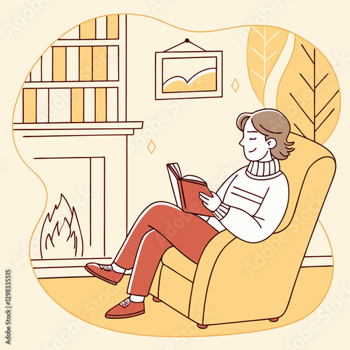 Person In A Cozy Sweater Reading A Book By The Fireplace