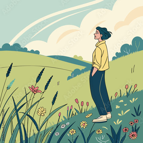 Person in a meadow contemplating nature in a serene landscape