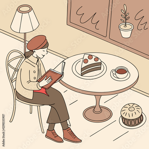 Person Sitting At A Cafe Table With Pastries Reading A Book