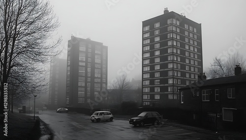 Foggy urban street with high-rise apartments