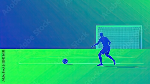 Soccer Player Kicking Ball, Green Field, Night Game