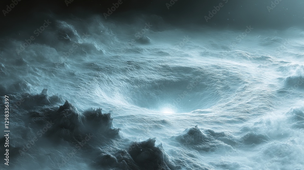Obraz premium Dramatic swirling cosmic nebula, ethereal glowing center, textured cloudscape, vibrant teal and grey hues, abstract space art.