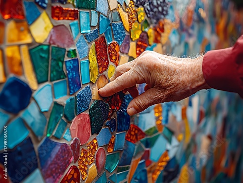 Elderly hand examines colorful mosaic wall