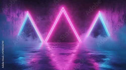 Neon triangles, smoky, indoor, vibrant