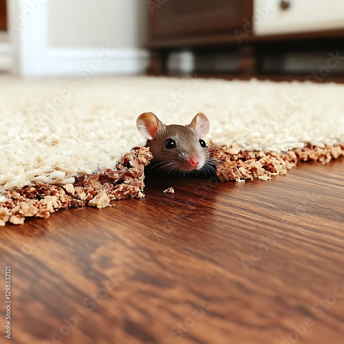 Mouse peeking hardwood floor carpet hole