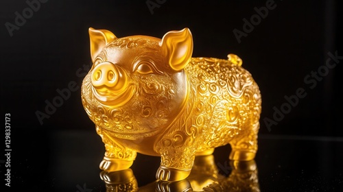 Elegant Golden Pig Figurine with Intricate Designs on Black Background