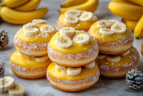 Stacked Banana Donuts on Concrete