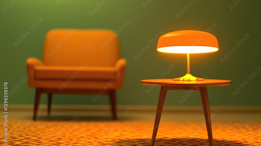 Fototapeta premium Cozy room featuring warm lighting, stylish lamp, and retro armch