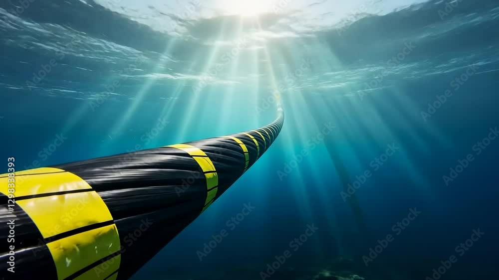 Submarine Cable Undersea. Internet data cable on ocean floor with sun rays. Global communication, network infrastructure concept. Technology, connection, fiber optics