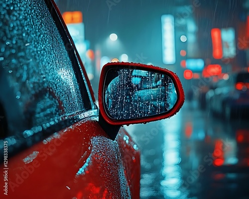 Rainy Night Car Mirror Reflection