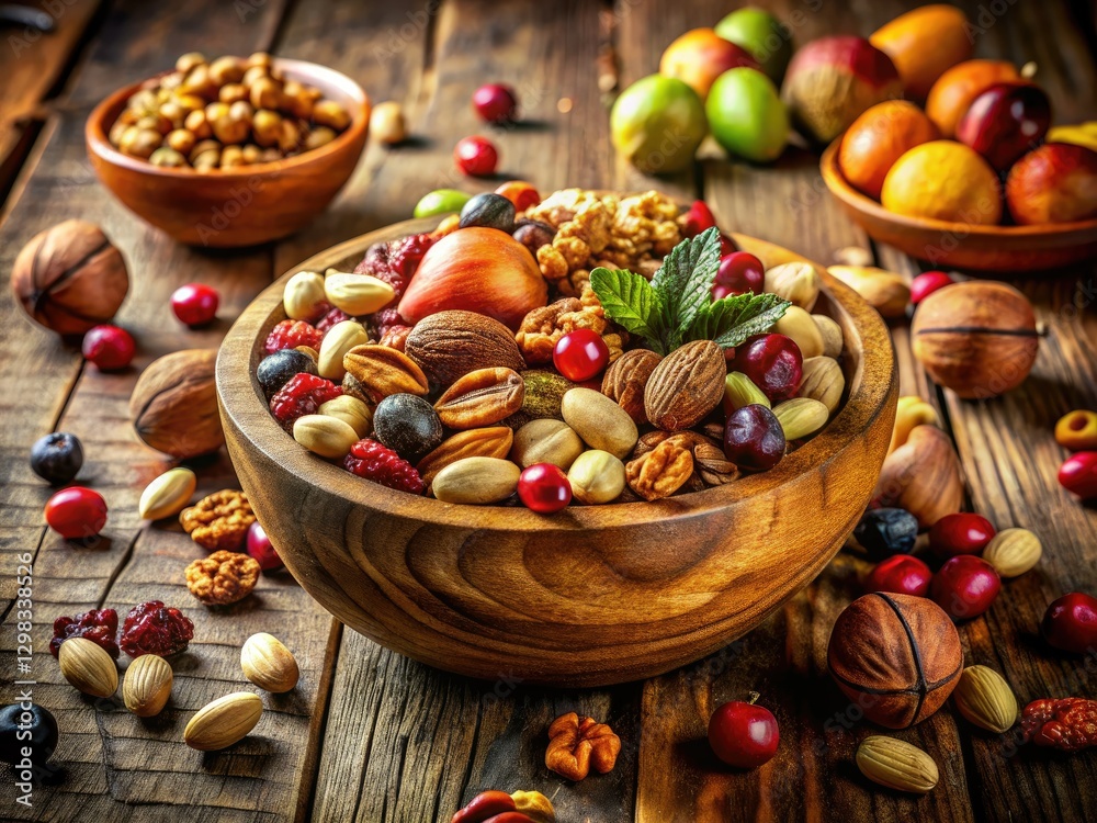 Colorful nuts and fruits in a bowl, a tempting autumn still life, vibrant and healthy. Colorful nuts and fruits in a bowl, a tempting autumn still life, vibrant and healthy.