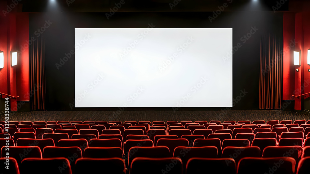 Obraz premium Empty Red Theater Seats Facing Blank White Screen Lit By Stage Lights
