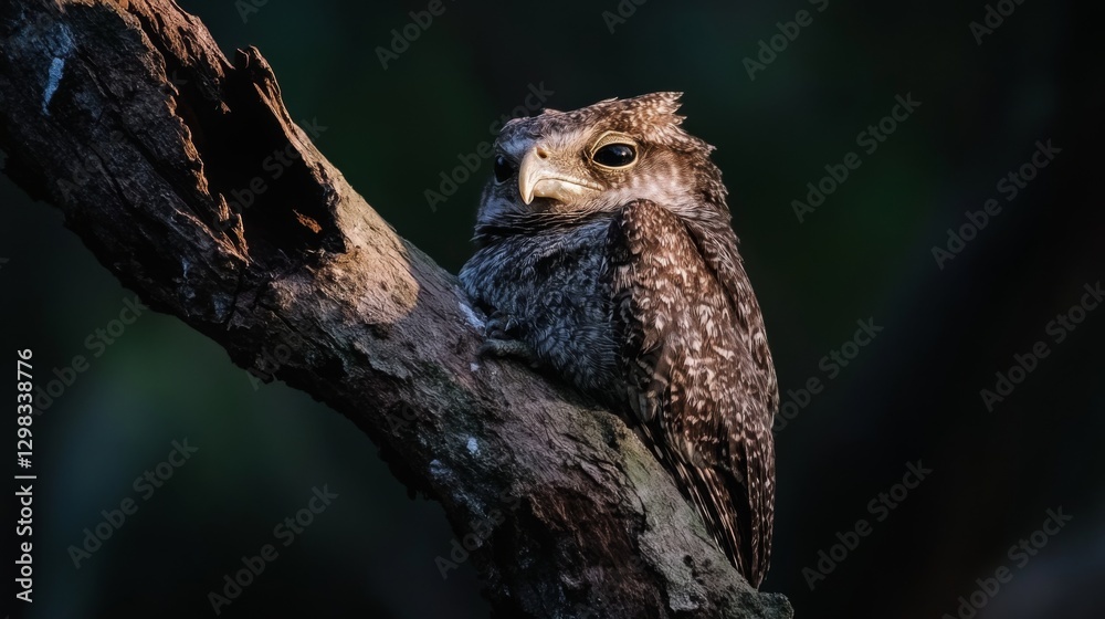 Tawny Frogmouth Perched on Branch, Forest Background Tawny Frogmouth Perched on Branch, Forest Background