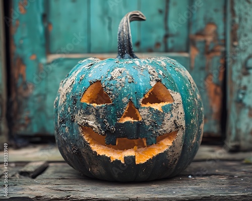 Spooky, dirty pumpkin on weathered porch
