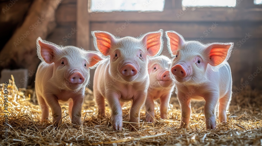 Playful Piglets in Barn Surrounded by Straw and Natural Light Playful Piglets in Barn Surrounded by Straw and Natural Light