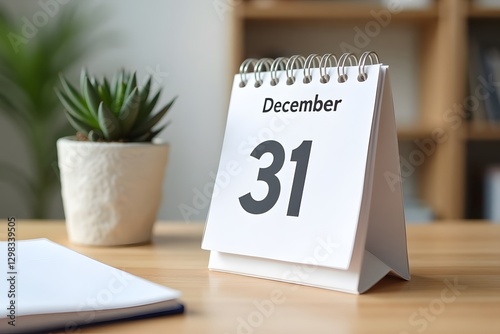 A calendar page flipping to December 31 , set in a cozy desk scene.