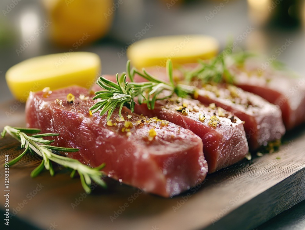 close up of raw tuna steak with rosemary. close up of raw tuna steak with rosemary.