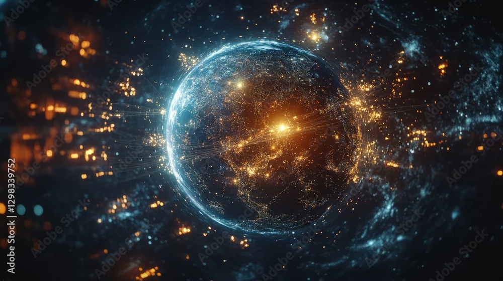 Obraz premium A dynamic cosmic image of Earth with interconnected glowing nodes circling it