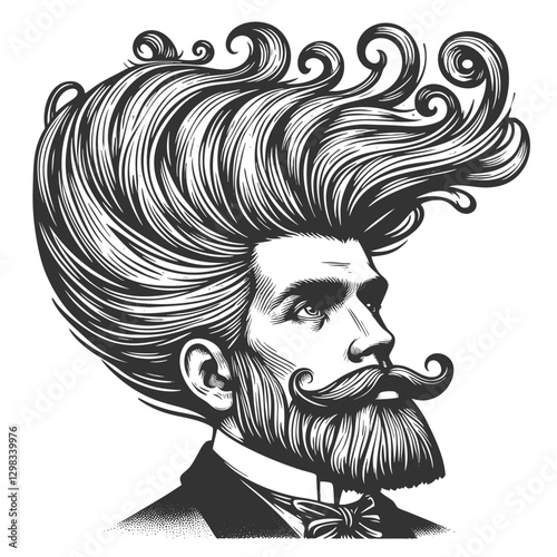 gentleman with an incredibly large, curly hairstyle, blending humor, surrealism, and vintage artistic style sketch engraving generative ai vector illustration. Scratch board. Black and white image.