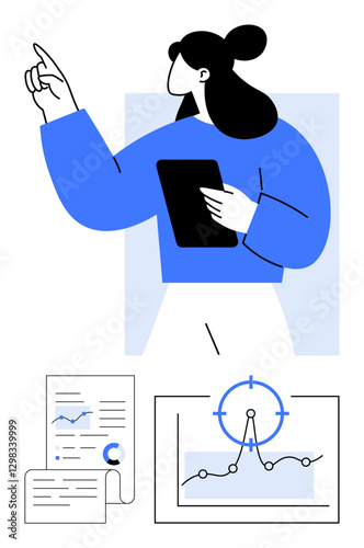 Woman holding tablet and gesturing, charts, documents, graphs below. Ideal for data analytics, business strategy, teamwork, presentations, goal tracking decision-making abstract line flat metaphor