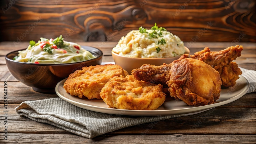 A Rustic Table Setting Featuring Crispy Fried Chicken, Creamy Potato Salad, and a Fresh Garden Salad A Rustic Table Setting Featuring Crispy Fried Chicken, Creamy Potato Salad, and a Fresh Garden Salad
