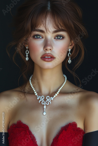 Hollywood Glamour Portrait – Elegant Woman in Red Dress with Black Gloves and Pearl Earrings, Classic Vintage Style Photography, High-Quality Studio Lighting and Timeless Appeal