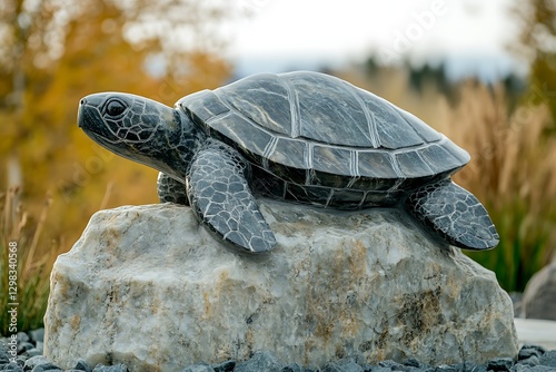 Turtle sculpture on rock, autumn park