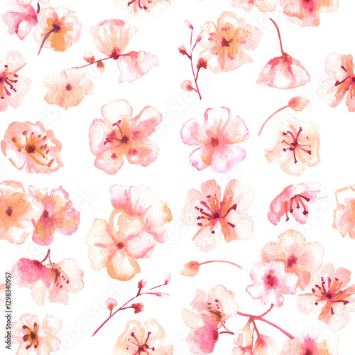 Spring watercolor seamless pattern. Watercolour florals. Pink flowers in bloom, abstract hand-painted wallpaper. Botanical art