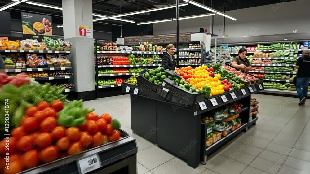 Supermarket Vegetable Display. Fresh produce section in grocery store, customers in background. Healthy food shopping, consumerism concept. Retail, lifestyle themes