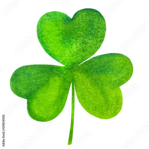 Green watercolor shamrock, Irish three leaf clover, an isolated design element for St Patrick's day, hand drawn illustration on a white background