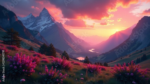 A serene sunset paints the sky over majestic, snow-capped mountains and vibrant pink flowers. photo