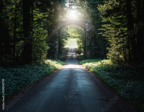 A split road in a dark forest: one wide and easy, the other narrow and overgrown, leading to a sunlit clearing with a narrow gate.