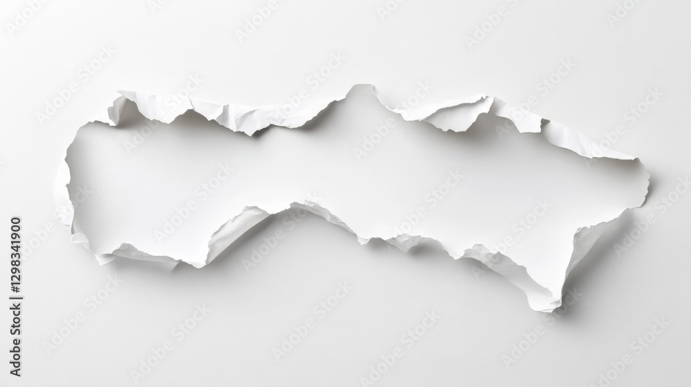 Fototapeta premium Torn piece of white paper on a white background.