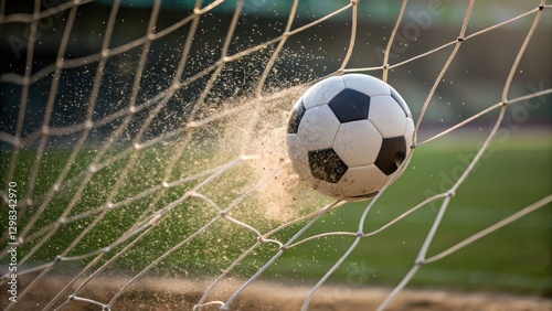 Soccer ball hitting the net with splashes of water droplets. photo