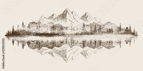 Forest and mountains are reflected in the lake, vignette, vector sketch, imitation of a pencil drawing