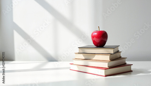 Stack of Books with Red Apple on a Light Background, Education and Learning Concept