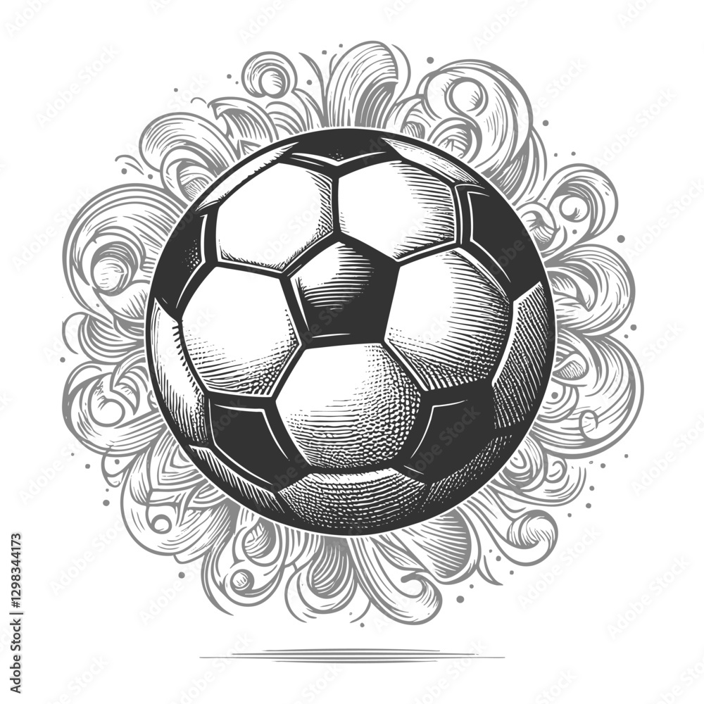 Obraz premium soccer ball with an ornate swirling decorative background design sketch engraving generative ai fictional character vector illustration. Scratch board imitation. Black and white image.