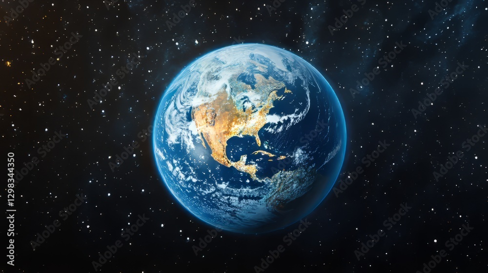 Naklejka premium A realistic view of Earth encased in a glowing holographic network in space