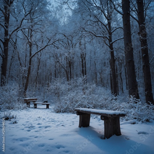An enchanting winter forest with snow-laden trees, softly falling snow.