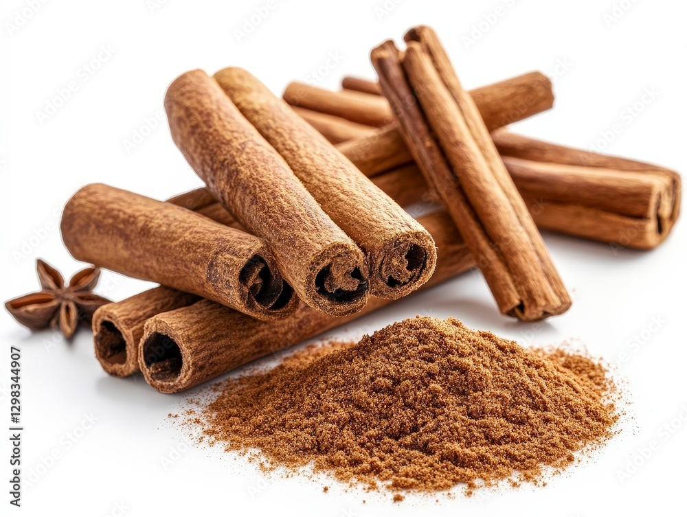 Fresh Ground Cinnamon Sticks and Powder on White Background Fresh Ground Cinnamon Sticks and Powder on White Background