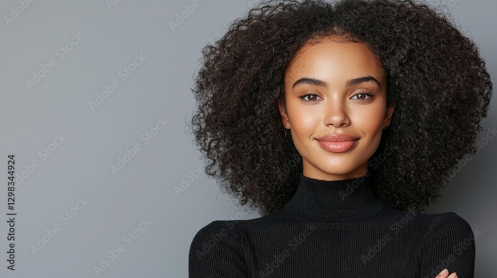 Portrait of a Beautiful Young Woman with Natural Afro Hair Smiling Confidently, Stock Photo for Fashion, Beauty, and Lifestyle Projects Discover a high-quality image featuring a stunning model in a Portrait of a Beautiful Young Woman with Natural Afro Hair Smiling Confidently, Stock Photo for Fashion, Beauty, and Lifestyle Projects Discover a high-quality image featuring a stunning model in a