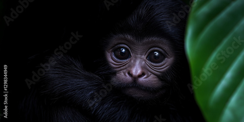 Curious baby monkey face close up peeking from leaves against dark background
