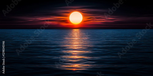 Fiery sunset over ocean horizon, orange and yellow, nature and peacefulness