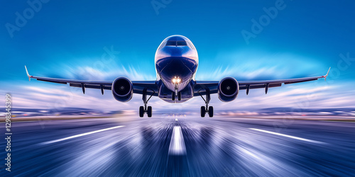Airplane taking off at dusk, blue and white, travel and transportation