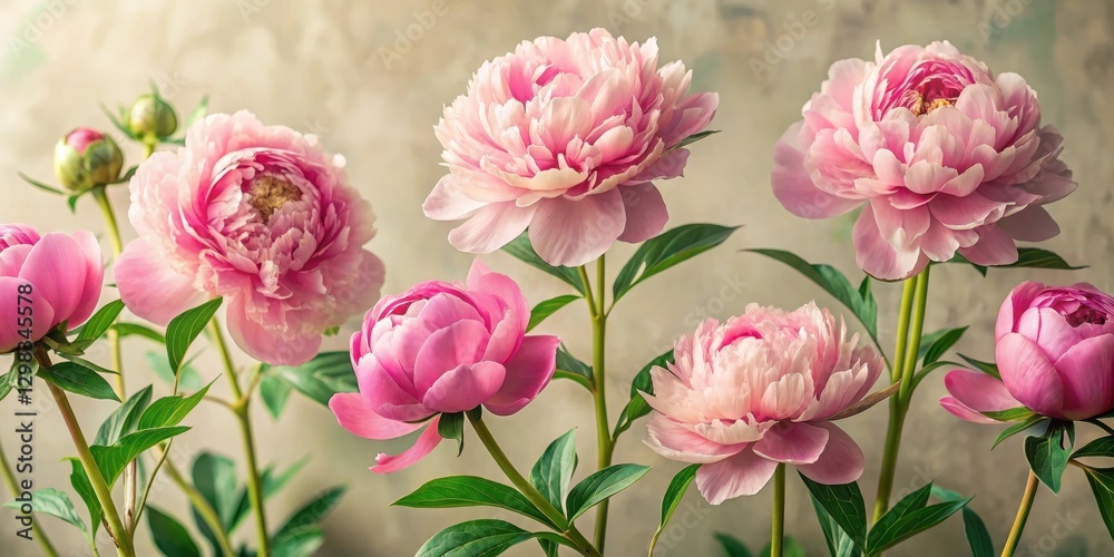 Obraz premium A Delicate Cluster of Pale Pink Peonies in Full Bloom, Displaying Their Exquisite Petals and Lush Green Foliage Against a Soft Neutral Background