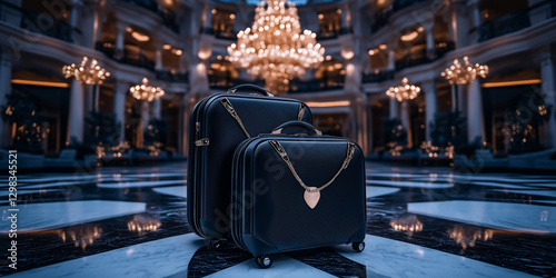 Elegant black suitcases in luxury hotel, sophisticated style, travel and accommodation