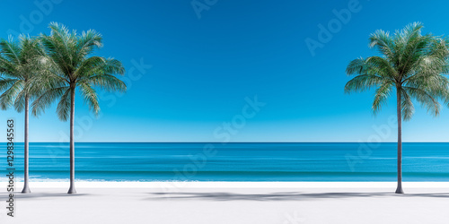 Tropical palm trees on white sand beach, vibrant colors, summer vacation with copy space