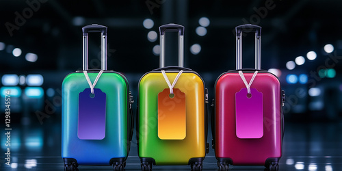 Colorful suitcases with tags, vibrant colors, travel and luggage for journey