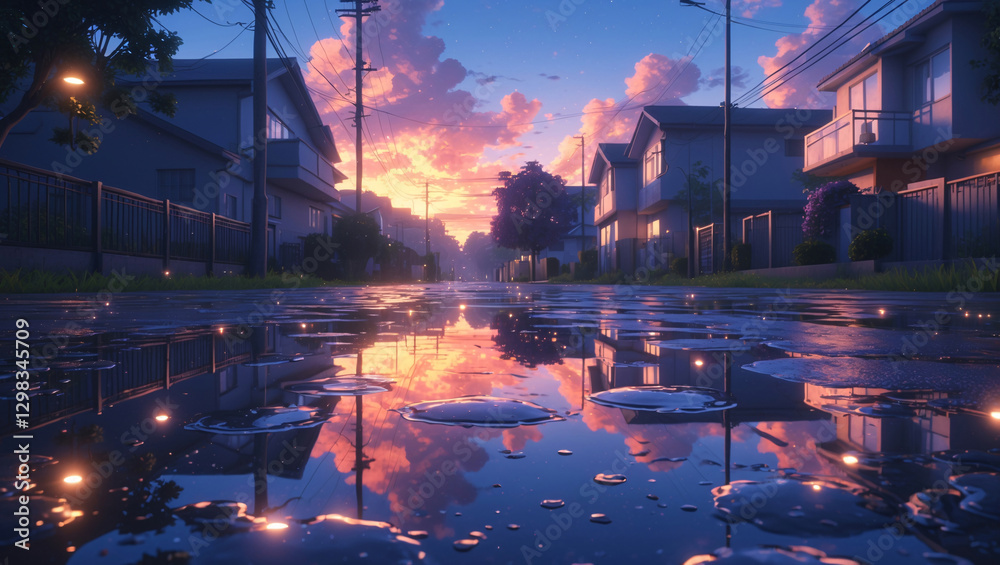 Obraz premium Suburban Neighborhood Path Wet from Afternoon Rain with Reflective Puddles Showing Homes and Bright Clouds in the Sky Anime Style Wallpaper Background